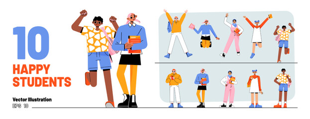 Fototapeta na wymiar Set of happy students, school children, multicultural young girls and boys with backpacks holding books and smartphones. Happy diverse teenagers, classmates rejoice together Linear vector illustration