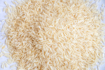 Basmati rice isolated on white background, top view