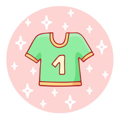 Cute hand-drawn sports t-shirt in doodle cartoon style. Round composition in neutral candy colors. Kawaii element for card, social media banner, sticker, kids playroom decor. Vector illustration