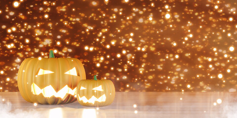 halloween background Pumpkin on wooden floor and bokeh 3d illustration