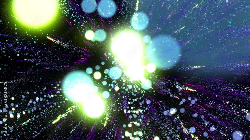 Poster bright multi-colored particles fill the space with jets of energy and light. shiny colorful abstract