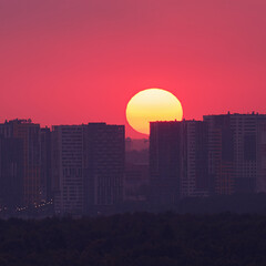 A big red sun in the sunset sky over the roofs of buildings, urban landscape. Evening sky in bright sunlight over the twilight city
