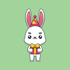 cute birthday rabbit cartoon mascot doodle art hand drawn concept vector kawaii icon illustration