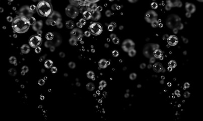 Transparent Air Bubbles Float Up on Black Background. Freshness Circles Bubbles Water. Soda Water breezy