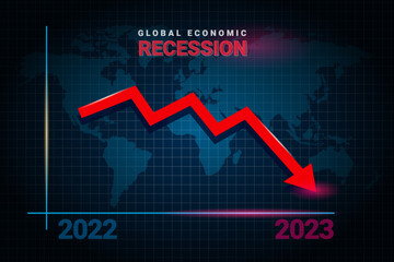 2023 Economy recession, global business downfall with falling arrow and world map. Money losing. Stock crisis, financial crisis and finance concept background. 