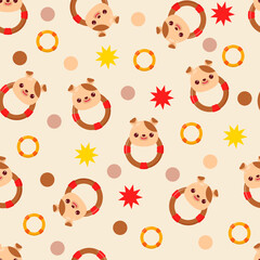 Seamless pattern with animals on a pastel background. A pattern with a baby rattle in the form of a dog. Kawaii animals