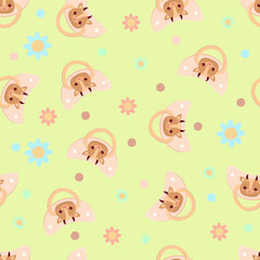 Obraz premium Seamless children's pattern on a green background. A dummy with a cow. Pacifier for children