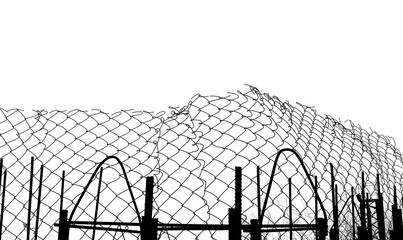 pattern or background of net isolated on white background. silhouette of a ripped metallic net.  wire fence made of thin wire. illustration.