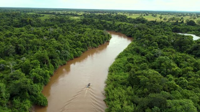following a boat in a river of Pantanal - Mato Grosso do Sul, Brazil