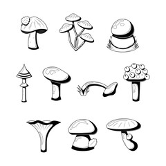 Set Abstract Collection Black Simple Line Mushroom Doodle Outline Element Vector Design Style Sketch Isolated On White Background Illustration Nature Food