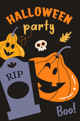Happy Halloween vector poster, banner, invitation with orange scary and funny pumpkins. - 538819419