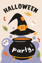 Halloween party. Vector poster, invitation, banner with a witch's hat and a black cauldron. - 538819437