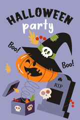 Happy Halloween vector poster, banner, invitation with orange scary and funny pumpkins.