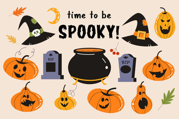 A set of orange and yellow scary and funny pumpkins, tombstones and witch hats. Vector illustratio - 538819450