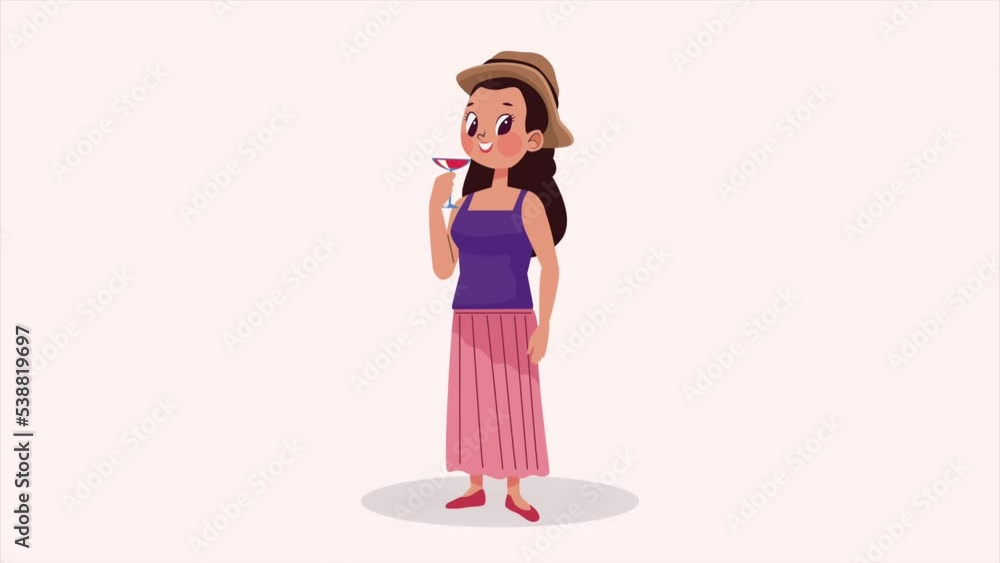 Canvas Prints young female tourist drinking cocktail animation