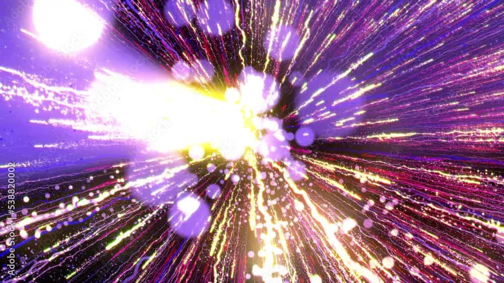 Poster bright multi-colored particles fill the space with jets of energy and light. shiny colorful abstract