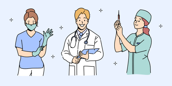 Set with smiling doctors and nurses in uniform. Collection portrait of happy nurse and surgeon in clinic or hospital. Concept of medical personnel and medicine. Vector illustration in hand drawn style