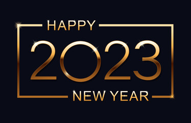 Happy new 2023 year. Elegant gold text with light. Minimalistic text. Isolated vector illustration.
