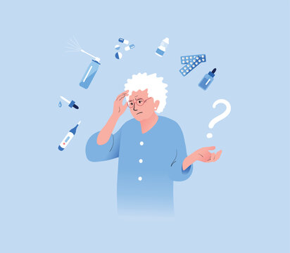 Senior Woman Worried About Taking Medicine Pills. Cartoon People Vector Illustration