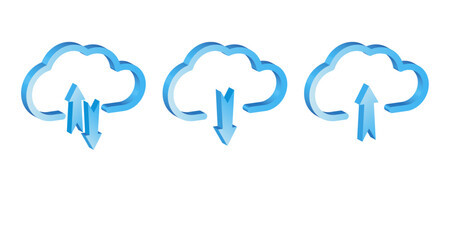3d blue clouds with up and down arrows isolated on a white background. Icons for design.