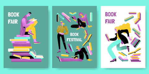 A set of book fair flyer templates with people reading books and a girl carrying a stack of books. Illustrations of a book festival or a sale in a bookstore.