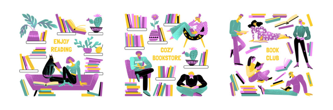 Collection of illustrations with people reading books. Images for banners of a reading club or a cozy bookstore.