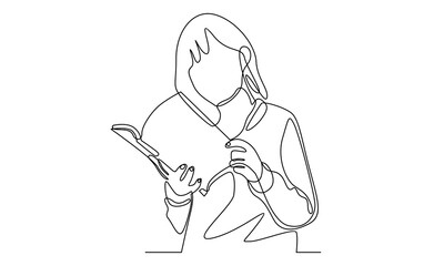 continuous line of standing woman reading book