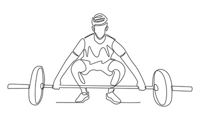 continuous line drawing of young strong weightlifter man preparing for barbell workout - obrazy, fototapety, plakaty