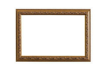 Antique wooden frame with patterned carved figures for paintings or photographs with gilding, highlighted on a white background. Blank for the designer.
