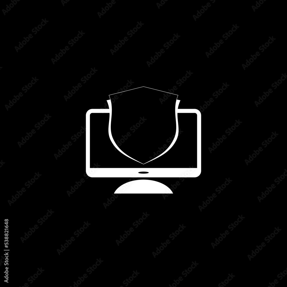 Poster computer monitor and shield icon isolated on dark background