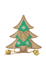 Wooden Christmas tree with green and sparkling heart and jingle bells on  white isolated background. New Year. Copy space
