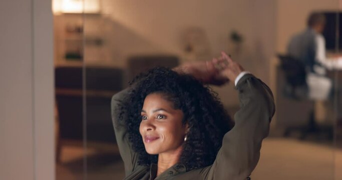 Business woman, stretching and success in night office with computer for digital marketing startup, advertising company or creative office. Smile, happy and relax designer done with technology target