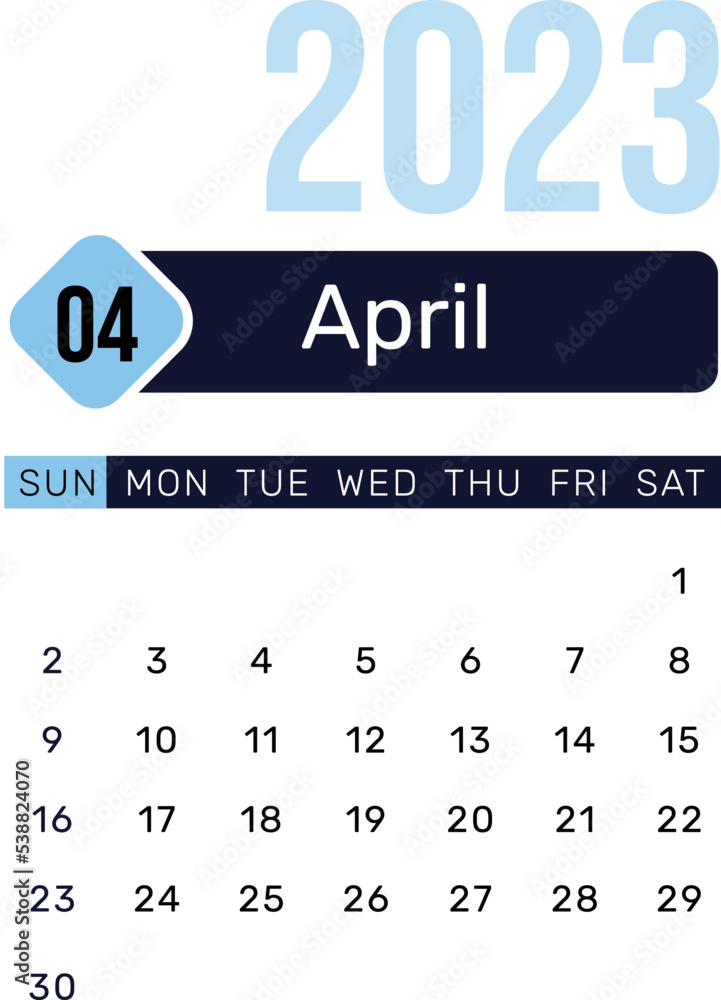 Poster april month calendar in simple blue colors editable vector. 2023 april dates calendar.