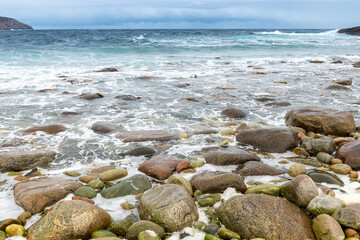 Dangerous sea wave crashes on a rocky coastline with splashes and foam before a storm in the Barents Sea