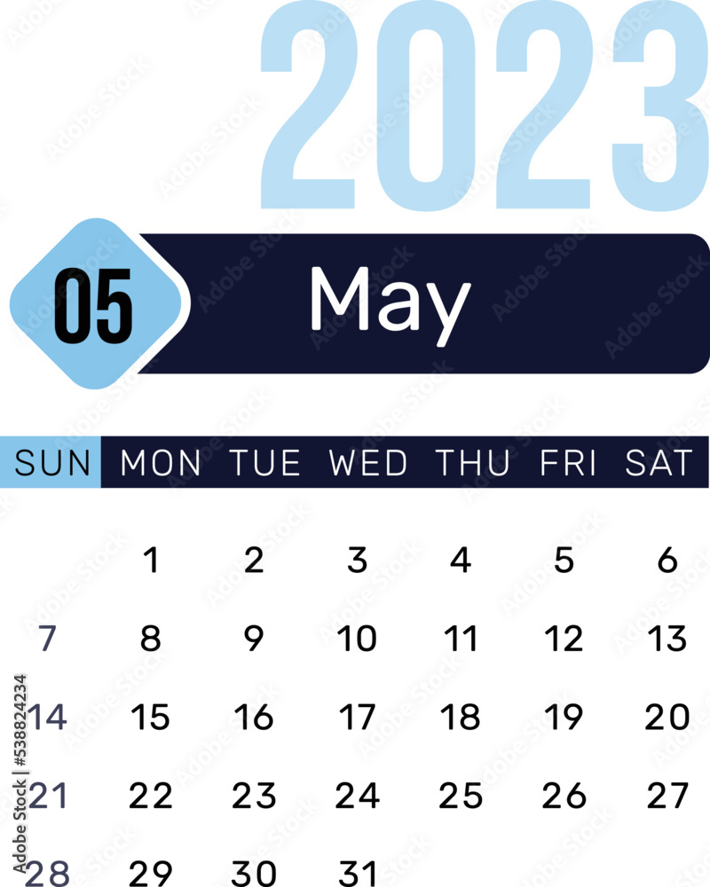 Poster may calendar 2023 dates editable vector design in blue minimalist colors