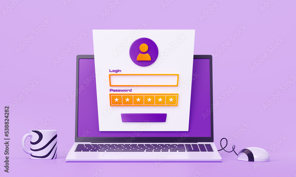 Poster laptop with login and password form on screen, computer mouse and cup on purple background. concept 