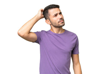 Young handsome caucasian man over isolated background having doubts while scratching head