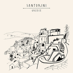 Vector Santorini, Greece postcard. Hand drawing in retro style. Travel sketch. Vintage touristic hand drawn postcard, poster, calendar or book illustration