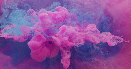 Paint mix in water. Color smoke blend. Abstract banner. Neon pink blue fluid underwater explosion...