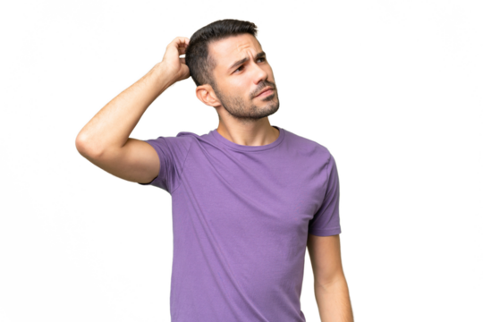 Young handsome caucasian man over isolated background having doubts while scratching head - Powered by Adobe