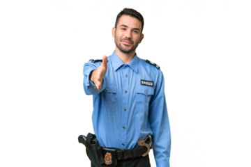 Young police caucasian man over isolated background shaking hands for closing a good deal