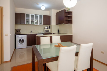 New modern living room with kitchen. New home. Interior photography.