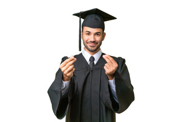 Young university graduate man over isolated background making money gesture