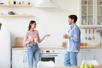 Smiling relaxed millennial caucasian woman and man with cups of drink talk on kitchen interior