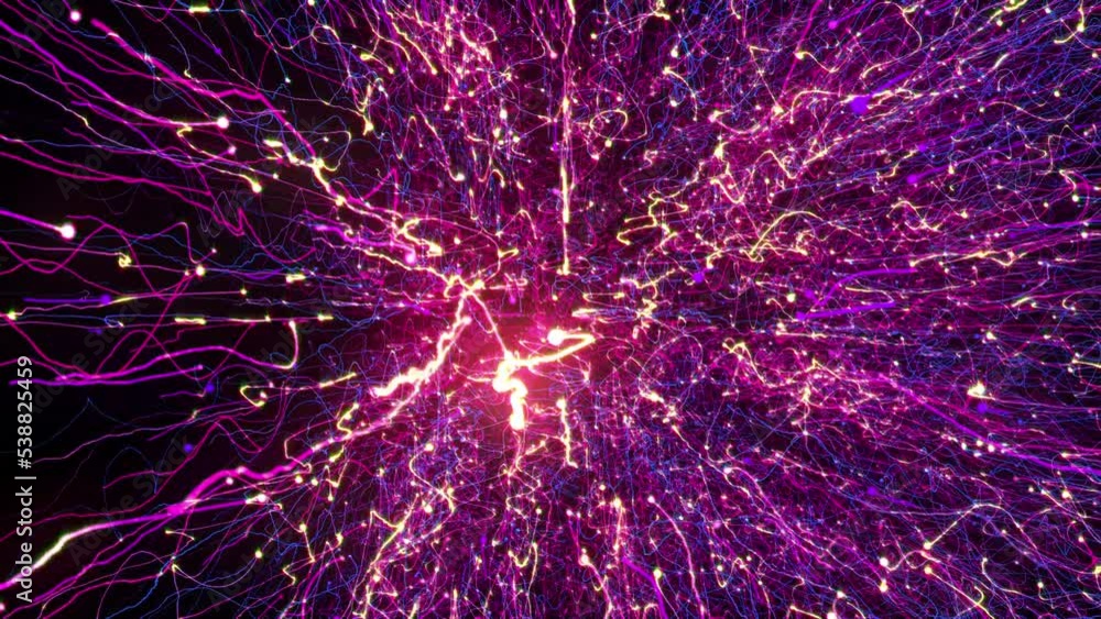 Poster bright multi-colored particles fill the space with jets of energy and light. shiny colorful abstract