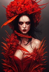 Art creepy sexywitch or vampire, revealing red dress and hat. Halloween card - 538825641