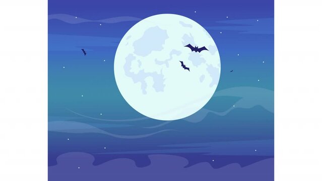 Animated pack of bats illustration. Wildlife animals. Full moon night. Halloween. Looped flat color 2D cartoon view animation video in HD with spooky creatures on transparent background