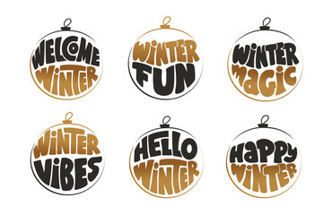Set of lettering toy ball silhouettes for Winter holidays, cards, banners