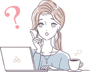 はてなを浮かべる女性とノートパソコン　疑問に思う人物とノートpc　イラスト素材