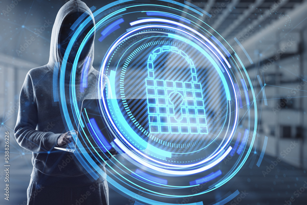 Aufkleber hacker hand using laptop with glowing padlock hologram on blurry office interior background. secure,
